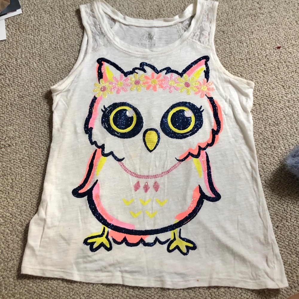 Girls Glitter Owl Lacy Tank Top